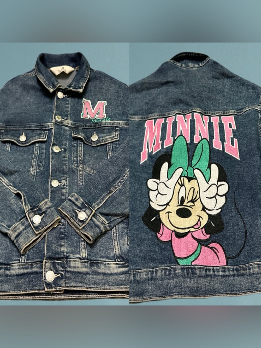 H&M Disney Dark Blue Denim Jacket with Pink 'M' Patch 10